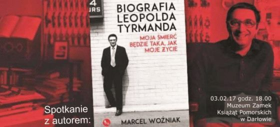 Baner promujący spotkanie z&nbsp;Marcelem Woźniakiem, autorem biografii o&nbsp;Leopoldzie Tyrmandzie 