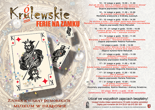 Plakat z&nbsp;programem na Królewskie ferie na zamku w&nbsp;Darłowie