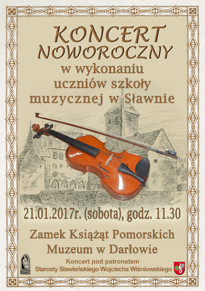 plakat do koncertu noworocznego w&nbsp;wykonaniu uczniów ze szkoły muzycznej w&nbsp;Sławnie